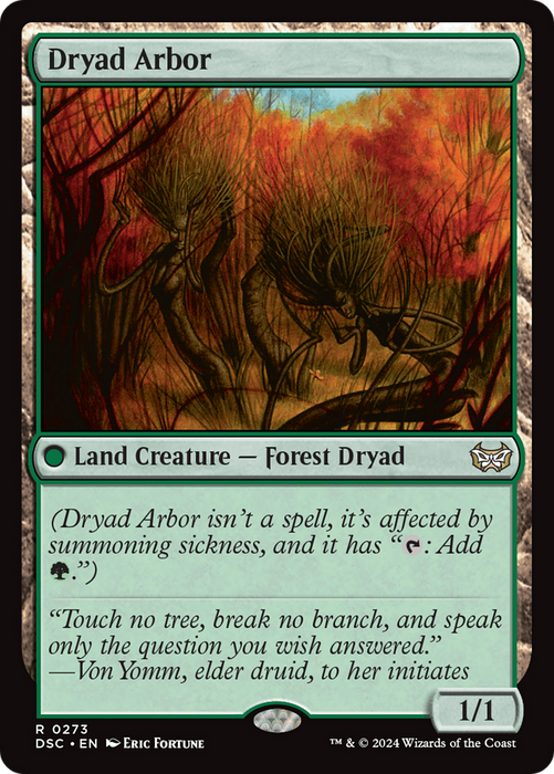 A Magic: The Gathering card titled "Dryad Arbor [Duskmourn: House of Horror Commander]." This unique land creature, a Forest Dryad featuring a green mana symbol, showcases tree-like beings in a dense forest. With 1 power and 1 toughness, it's perfect for your Duskmourn: House of Horror Commander deck.