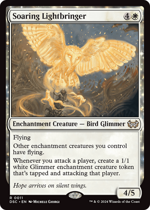 The "Soaring Lightbringer" from the Magic: The Gathering brand's "Duskmourn: House of Horror Commander" set is an Enchantment Creature with the Bird Glimmer subtype. This card costs 4W to play and features Flying with a power/toughness of 4/5. The artwork showcases a glowing bird soaring over Duskmourn, complemented by abilities and flavorful text.