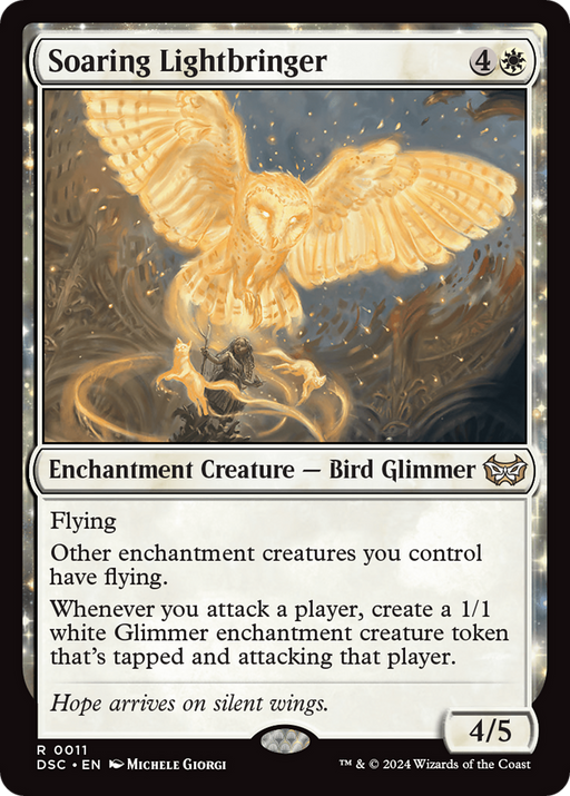 The "Soaring Lightbringer" from the Magic: The Gathering brand's "Duskmourn: House of Horror Commander" set is an Enchantment Creature with the Bird Glimmer subtype. This card costs 4W to play and features Flying with a power/toughness of 4/5. The artwork showcases a glowing bird soaring over Duskmourn, complemented by abilities and flavorful text.