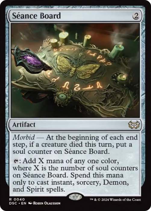 Image of a Magic: The Gathering card titled "Seance Board [Duskmourn: House of Horror Commander]." This artifact card, featuring a mana cost of 2, displays a mystical board embellished with runes and glowing soul counters. It has the Morbid ability and channels mana for instants, sorceries, and spirits.