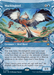 The image is a Magic: The Gathering trading card titled "Mockingbird (Showcase) [Bloomburrow]." It features a Bird Bard adorned in a blue-and-white color scheme with a long tail, encircled by magical swirls and musical notes. The border and background are elaborately designed with intricate blue and white patterns.