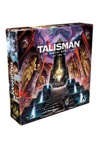 The box for "Talisman: The Magical Quest Game - 5th Edition" by Avalon Hill showcases a mystical throne room with a glowing blue central throne and hooded statues. The lid features vibrant, fantasy-themed illustrations for this enchanting strategy game, suitable for ages 13 and up.