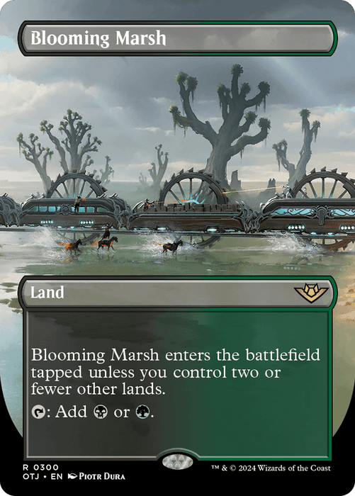 A Magic: The Gathering card named "Blooming Marsh (Borderless) [Outlaws of Thunder Junction]" displays a swampy area with futuristic bridges and mechanical structures in the background. This rare land enters tapped unless you control two or fewer other lands. {T}: Add {B} or {G}.