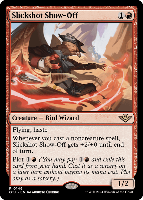 A Magic: The Gathering product titled "Slickshot Show-Off [Outlaws of Thunder Junction]." It costs 1 colorless and 1 red mana and is a Bird Wizard creature with 1 power and 2 toughness. It has Flying, Haste, gains +2/+0 till end of turn upon casting a noncreature spell, and has a Plot ability.
