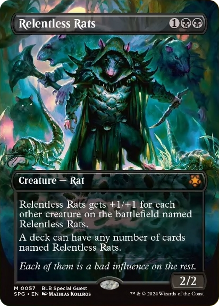 A Magic: The Gathering card titled "Relentless Rats (Borderless) [Bloomburrow Special Guests]," featuring ominous artwork by Mathias Kollros of a cloaked figure surrounded by large, menacing rats. Costing 1 generic and 2 black mana, it gains power for each other "Relentless Rats" in play, with no deck limit on copies. Feel the menace of these Mythic Creatures.