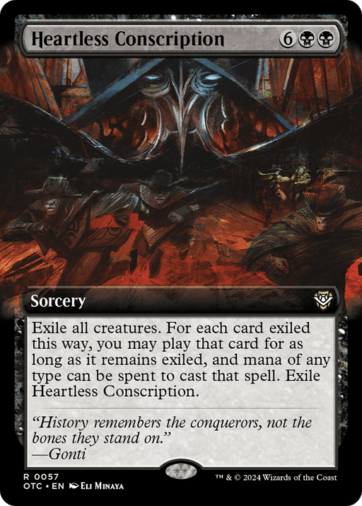 The "Heartless Conscription (Extended Art)" card from Magic: The Gathering's "Outlaws of Thunder Junction Commander" set features ominous figures clad in dark armor against a chaotic red background. Skulls and bones contribute to the eerie atmosphere, making this powerful black sorcery spell ideal for casting exile on all creatures with a cost of 6BB.