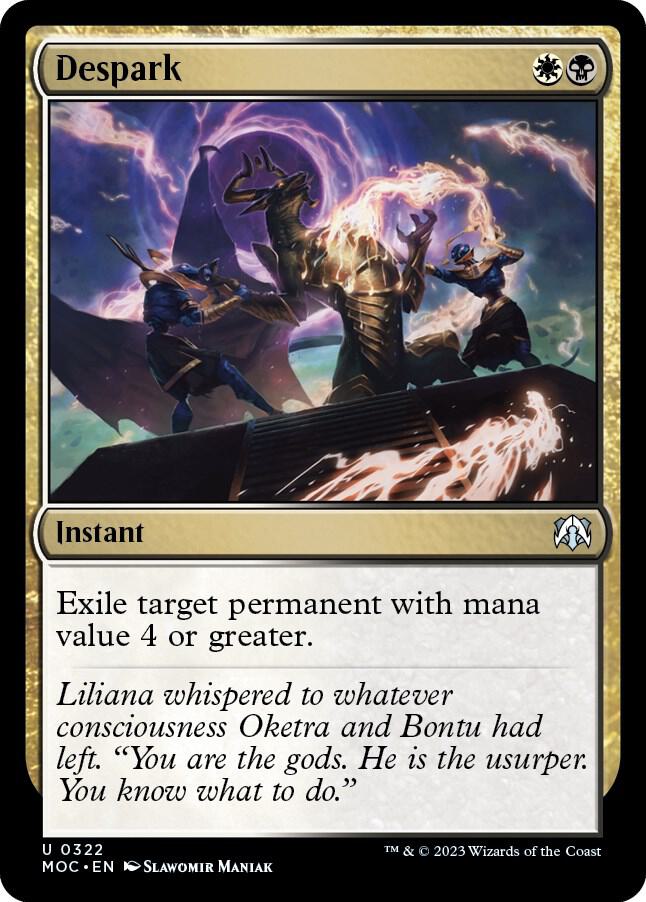 Illustration of the Magic: The Gathering card "Despark" from March of the Machine Commander. It shows two figures confronting a powerful dragon with glowing eyes against a stormy backdrop. This instant card includes flavor text: "Liliana whispered... 'You are the gods. He is the usurper.'.