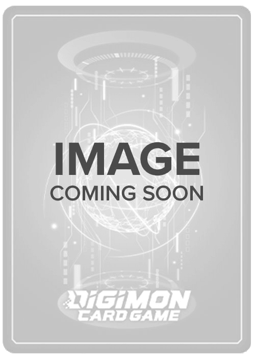 A placeholder card image with "IMAGE COMING SOON" written in bold dark letters across the center. The background features a futuristic digital design with light circuits and geometric shapes. The "Digimon" logo is displayed at the bottom of the card, framed by a gray border.