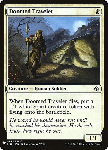 The Magic: The Gathering card "Doomed Traveler [The List]" shows a Human Soldier walking on a cobblestone path under a glowing moon. Surrounded by eerie mist, he holds a staff with his cape billowing. When he dies, he spawns a Spirit creature token. The white-bordered card is numbered 083/221.