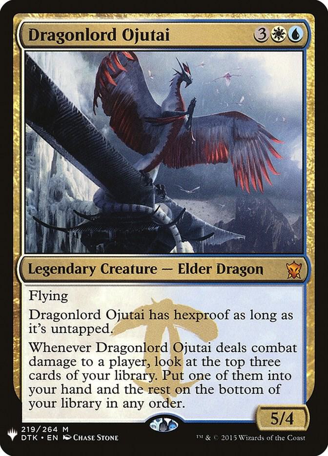 The "Dragonlord Ojutai [The List]" card from Magic: The Gathering features an Elder Dragon with blue and orange scales, flying and hexproof abilities, a power/toughness of 5/4, and is card 219 of 264 from the 2015 Wizards of the Coast release.