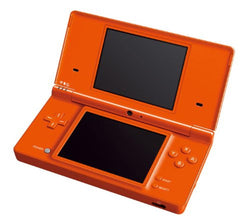 An orange Nintendo DSi from Nintendo, featuring dual screens—one on the upper panel and one on the lower panel. The lower screen is complemented by directional buttons on the left and action buttons labeled "Start" and "Select" on the right. When opened, both vibrant screens are ideal for portable entertainment.