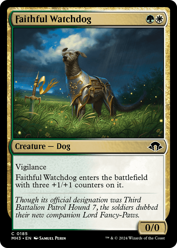 The image shows a trading card named "Faithful Watchdog [Modern Horizons 3]" from Magic: The Gathering. The card depicts a vigilant Creature Dog in armor with a banner in its mouth. It has a power and toughness of 0/0 but enters the battlefield with three +1/+1 counters. Artwork by Samuel Perin. Text reads, "Though its official designation was Third