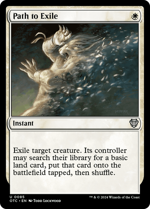 Magic: The Gathering product titled "Path to Exile [Outlaws of Thunder Junction Commander]". It features an ethereal figure disintegrating into white particles. The frame is white, signifying a white spell. Text reads: "Exile target creature. Its controller may search their library for a basic land card, put that card onto the battlefield tapped, then shuffle.