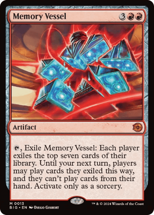 Image of a Magic: The Gathering card named "Memory Vessel [Outlaws of Thunder Junction: The Big Score]." It costs 3 red mana and 2 generic mana to cast this Mythic Artifact. The card art shows glowing, fragmented blue crystals within a swirling red vortex. Its text describes its ability to exile cards.