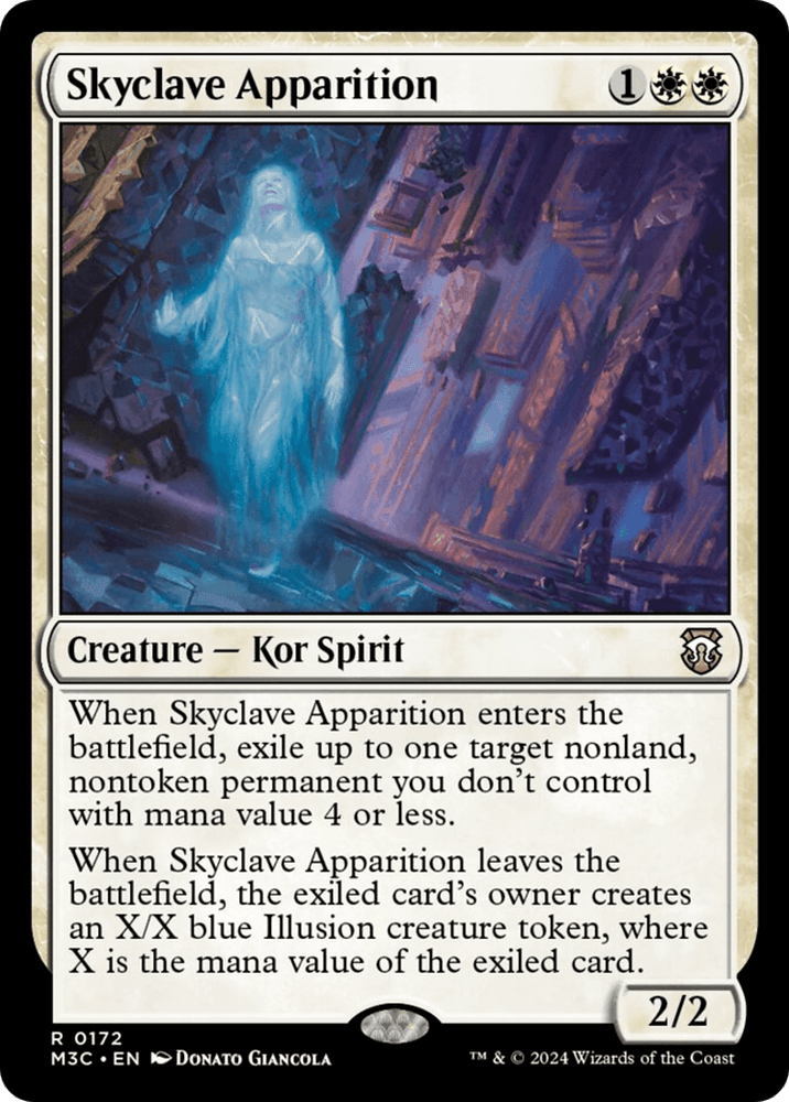 The image is a Magic: The Gathering card titled "Skyclave Apparition (Ripple Foil) [Modern Horizons 3 Commander]." It depicts a glowing blue, ghostly Creature floating in a dark, mystical environment. With a white border and detailed text, the card costs one white mana and two colorless mana to play and features a 2/2 Creature - Kor Spirit.