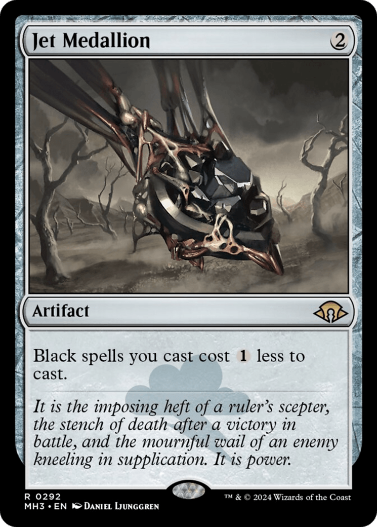 A Magic: The Gathering card named Jet Medallion [Modern Horizons 3] from Magic: The Gathering. It costs 2 mana to cast. The card is an Artifact and features dark, intricate metalwork with an ominous black gemstone. The text reads: 