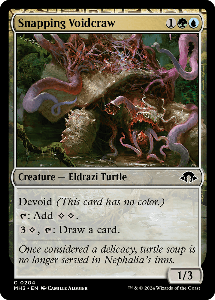 A Magic: The Gathering card titled "Snapping Voidcraw [Modern Horizons 3]" from Magic: The Gathering features an aggressive creature named Eldrazi Turtle. This card costs 1 green and 1 black mana, with abilities: Devoid, generating colorless mana, and drawing a card for 3 mana and tapping. The creature has a power/toughness of 1/3.