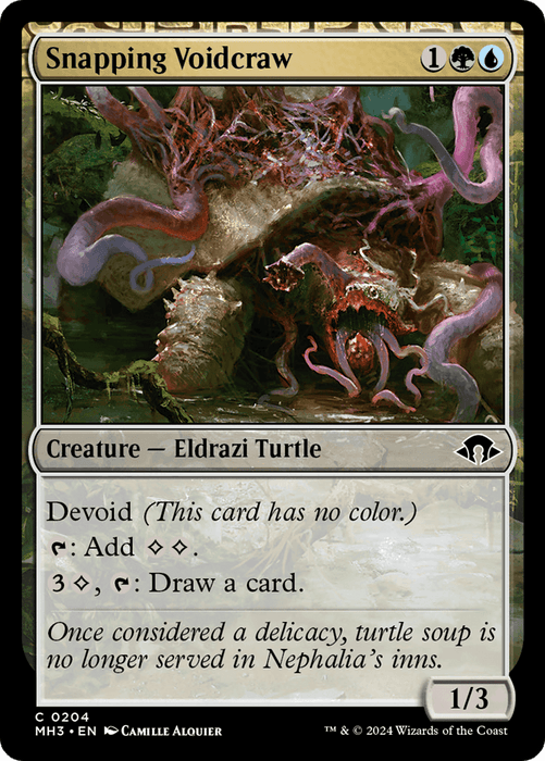 A Magic: The Gathering card titled "Snapping Voidcraw [Modern Horizons 3]" from Magic: The Gathering features an aggressive creature named Eldrazi Turtle. This card costs 1 green and 1 black mana, with abilities: Devoid, generating colorless mana, and drawing a card for 3 mana and tapping. The creature has a power/toughness of 1/3.