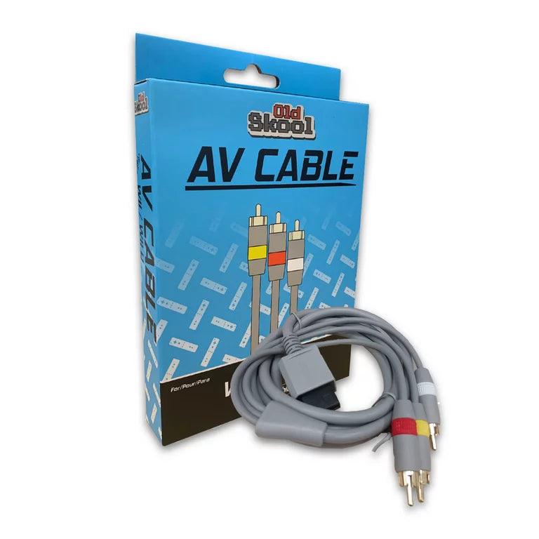 The Old Skool Wii/Wii U AV Cable comes in blue packaging with "Old Skool AV Cable" boldly displayed. It includes gray connectors and red, white, and yellow RCA plugs, ideal for audio and video connections with the Wii or similar systems.