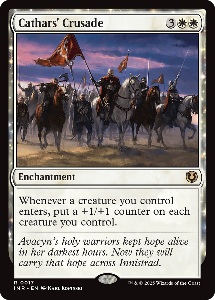 The card image of Cathars' Crusade [Innistrad Remastered] from Magic: The Gathering shows Avacyn's holy warriors—knights with red cross banners—charging over a barren land. The text says: 