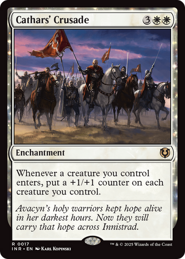 The card image of Cathars' Crusade [Innistrad Remastered] from Magic: The Gathering shows Avacyn's holy warriors—knights with red cross banners—charging over a barren land. The text says: "Whenever a creature you control enters, put a +1/+1 counter on each creature you control." Art by Karl Kopinski.