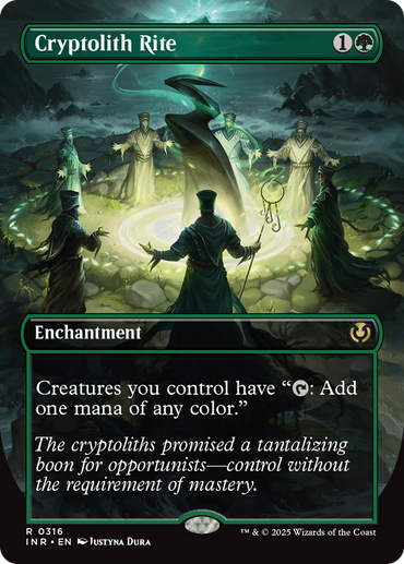 The image features a Magic: The Gathering card, "Cryptolith Rite (Borderless) [Innistrad Remastered]." Robed figures surround a glowing rune-covered stone in a forest. It costs 1 green mana and allows creatures to tap for any color of mana.