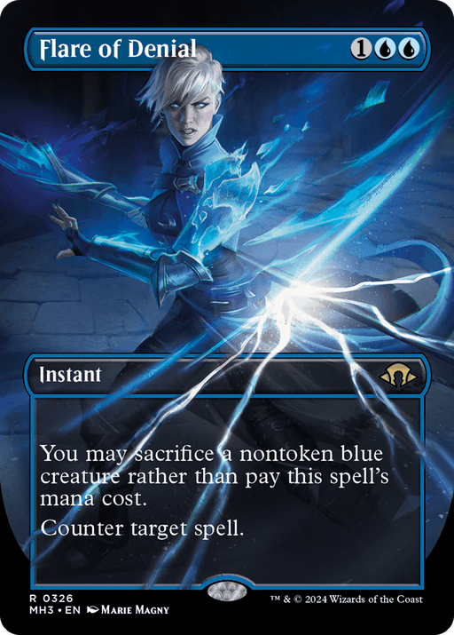 A rare, fantasy-themed card from Magic: The Gathering titled "Flare of Denial (Borderless) [Modern Horizons 3]." It depicts a woman casting blue energy spells from her hand. Part of the Modern Horizons 3 set, the card features the text, "You may sacrifice a nontoken blue creature rather than pay this spell's mana cost. Counter target spell.