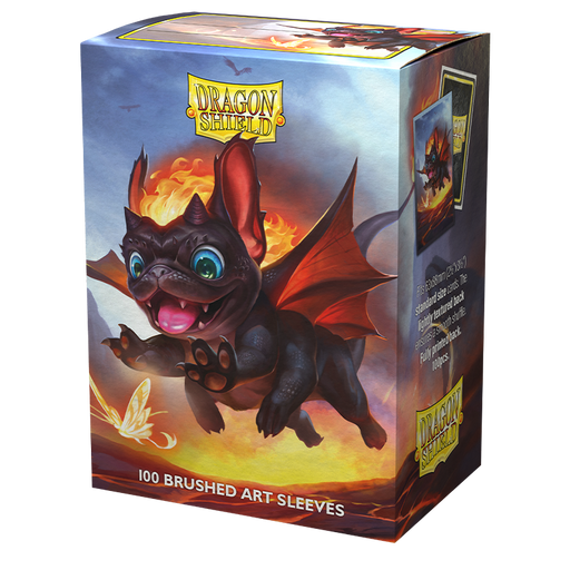 The image showcases a box of Arcane Tinmen's Dragon Shield: Standard 100ct Brushed Art Sleeves - The Wufdragon, featuring a playful dragon-bat creature with large ears, wings, and a joyful expression. Set against a fiery background, the Wufdragon appears to chase a feather. The box also includes a smaller image of the TCG card sleeve design.