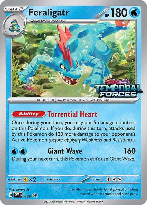 A rare Pokémon trading card featuring Feraligatr (089) [Scarlet & Violet: Black Star Promos] from the Pokémon brand. This Black Star Promo card displays Feraligatr, a large blue alligator-like creature with a red crest and spikes. It has 180 HP, and its abilities include "Torrential Heart" and "Giant Wave.