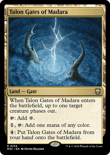 A "Magic: The Gathering" card titled "Talon Gates of Madara (Ripple Foil) [Modern Horizons 3 Commander]." It's a rare land card from Modern Horizons 3 with talon stone structures in a dark, mystical environment. The card can phase out targets and produce colorless or any color mana. Its number is R 0134, illustrated by Steven Belledin (2024).