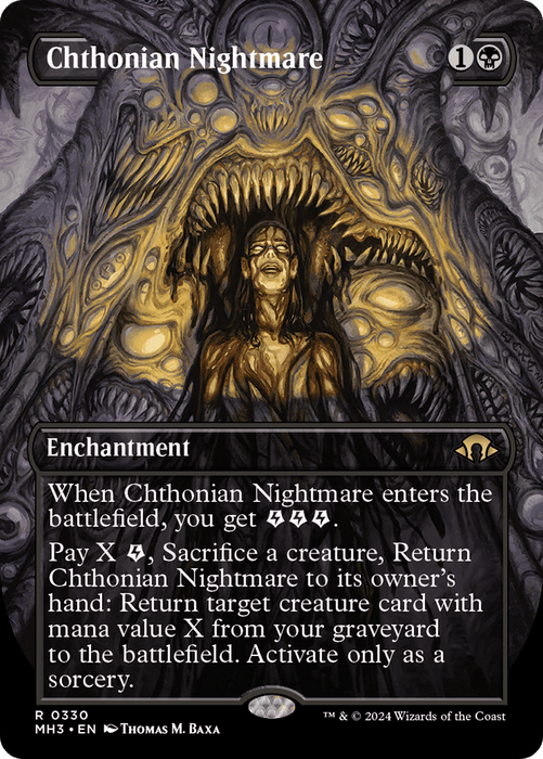 An enchanted card from Magic: The Gathering's "Modern Horizons 3" collection, titled Chthonian Nightmare (Borderless) [Modern Horizons 3]. The artwork depicts a nightmarish figure with a monstrous face above a terrified person, blending into the shadowy surroundings. This card costs 1 black mana and 1 generic mana and features captivating abilities.