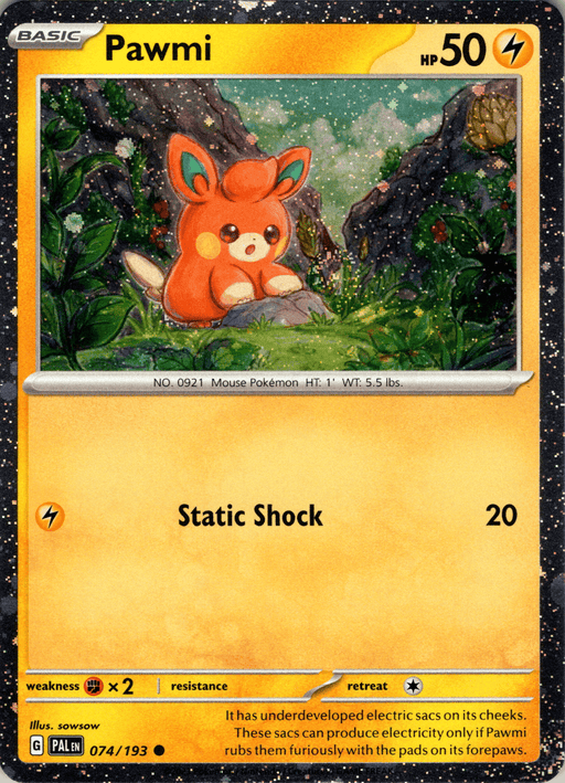 A Pokémon Pawmi (074/193) (Cosmo Foil) [Scarlet & Violet: Paldea Evolved] trading card featuring Pawmi, an orange, mouse-like creature with large ears, sitting in a grassy field surrounded by glowing flowers and rocks under a starry sky. The card has a yellow border and shows Pawmi's HP as 50 with an attack named "Static Shock." Part of the Scarlet & Violet series.