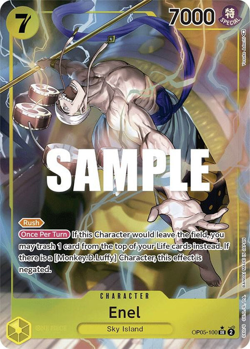 This Enel (Alternate Art) trading card from Bandai's Awakening of the New Era series showcases Enel, a character from the anime One Piece, mid-attack with electricity emanating from his body. The Super Rare card features a "Rush" ability and has an effect related to trashing life cards. It costs 7 and boasts a power of 7000.