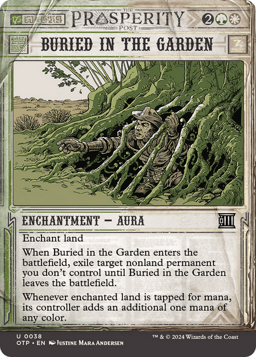 A card from Magic: The Gathering, "Buried in the Garden [Outlaws of Thunder Junction: Breaking News]," depicts a figure in a green cloak being pulled into the earth by green hands. This Enchantment Aura from the Outlaws of Thunder Junction set costs two generic mana and one green mana. Its abilities are detailed below the striking illustration.