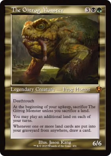 The Gitrog Monster (Retro Frame) [Innistrad Remastered]" from Magic: The Gathering depicts a horned frog-like creature with Deathtouch, land sacrifice abilities, and extra land play. Illustrated by Jason Kang, this Legendary Frog Horror exhibits a formidable 6/6 power/toughness.