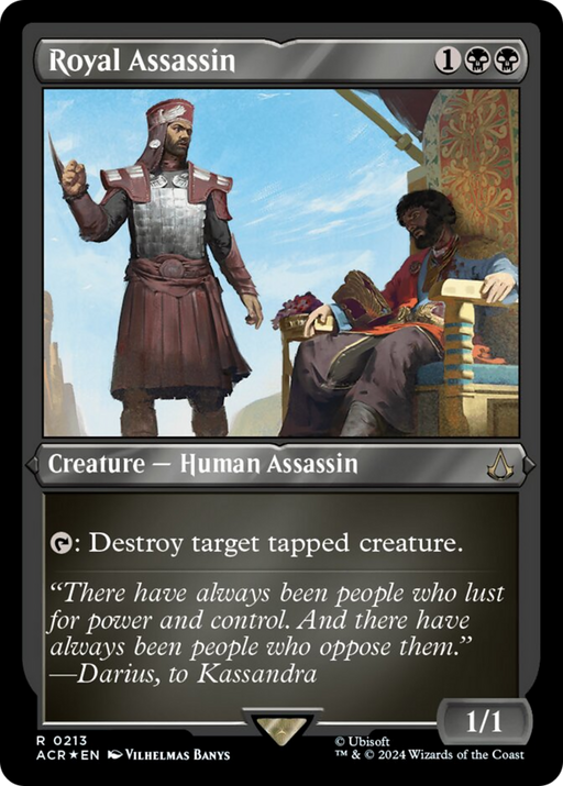 A Magic: The Gathering card named "Royal Assassin (Foil Etched) [Assassin's Creed]." The rare card shows a Human Assassin in medieval armor standing over a seated figure. The assassin is holding a dagger. Text reads, "Tap: Destroy target tapped creature." Flavor text: "There have always been people who lust for power and control...