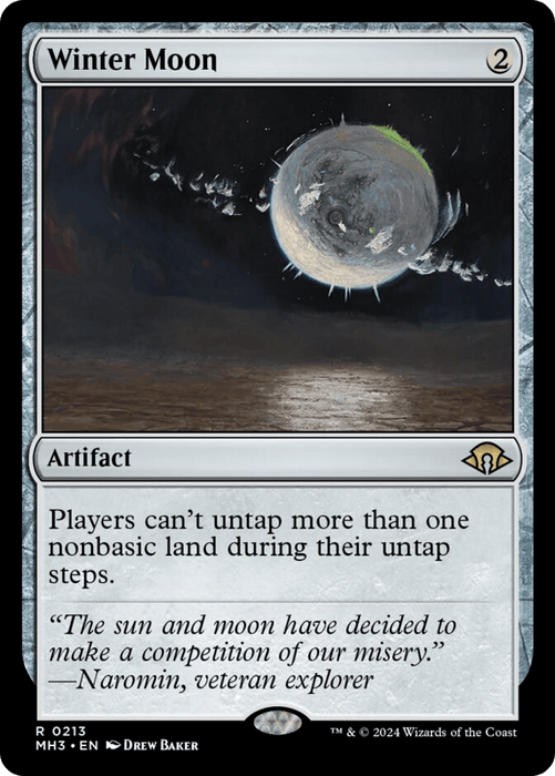 A Magic: The Gathering card named "Winter Moon [Modern Horizons 3]" from the Magic: The Gathering set. This rare artifact card has a mana cost of 2 and an ability stating that players can’t untap more than one nonbasic land during their untap steps. The art depicts a cold, desolate celestial body partially shrouded by shadow.