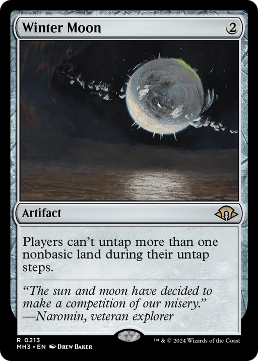 A Magic: The Gathering card named "Winter Moon [Modern Horizons 3]" from the Magic: The Gathering set. This rare artifact card has a mana cost of 2 and an ability stating that players can’t untap more than one nonbasic land during their untap steps. The art depicts a cold, desolate celestial body partially shrouded by shadow.