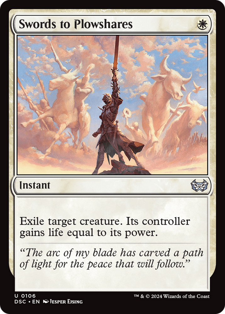 Magic: The Gathering's "Swords to Plowshares [Duskmourn: House of Horror Commander]" card showcases a triumphant warrior with a raised sword enveloped in bright light, standing amid the eerie ruins of Duskmourn. In the background, ghostly bull figures dissipate into clouds. The card text reads: "Exile target creature. Its controller gains life equal to its power.