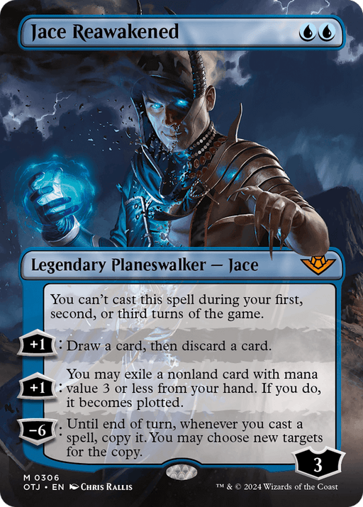 An illustrated "Jace Reawakened (Borderless) [Outlaws of Thunder Junction]" Magic: The Gathering card of Mythic Rarity from the Outlaws of Thunder Junction series. The blue-bordered card features Legendary Planeswalker Jace, a hooded male figure casting a magical spell with glowing blue hands. The card's abilities and stats are listed below the image.