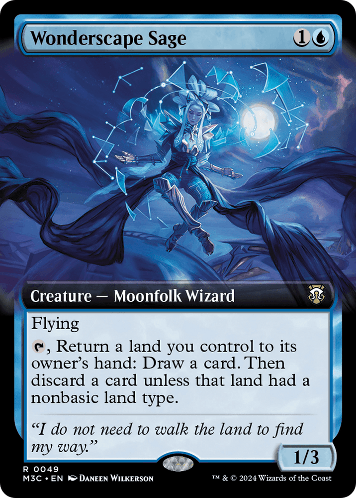 The "Wonderscape Sage (Extended Art) [Modern Horizons 3 Commander]" Magic: The Gathering card features a Moonfolk Wizard with long white hair levitating in front of a glowing blue moon. Hexagonal energy symbols surround the figure. The card text describes abilities, including flying and returning lands to draw and discard cards.