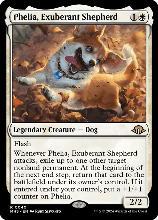 A Magic: The Gathering card from Modern Horizons 3 features "Phelia, Exuberant Shepherd [Modern Horizons 3]," a Rare Legendary Creature. Illustrated with a joyous dog leaping through autumn leaves, it costs 1 white and 1 generic mana. With flash and the ability to exile a nonland permanent until end step, this 2/2 creature is a delightful addition.