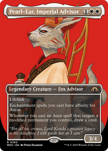 A Magic: The Gathering card titled "Pearl-Ear, Imperial Advisor (Borderless) [Modern Horizons 3]" from Magic: The Gathering features a fox-like humanoid figure standing in traditional robes with a staff. The legendary creature, Fox Advisor costs 1 white and 3 generic mana, has 3/4 power and toughness, lifelink, aura affinity, and grants card draw when an Aura spell targets its owner's permanent.