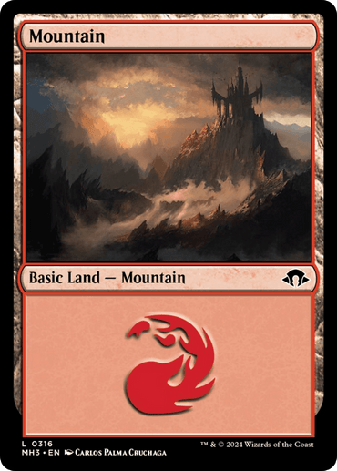 A Magic: The Gathering card titled "Mountain (0316) [Modern Horizons 3]" from Magic: The Gathering features an illustration of a rugged mountain range with a dark, brooding castle atop it, surrounded by swirling clouds and a fiery sky. The lower portion displays the red mana symbol and the text “Basic Land – Mountain.”