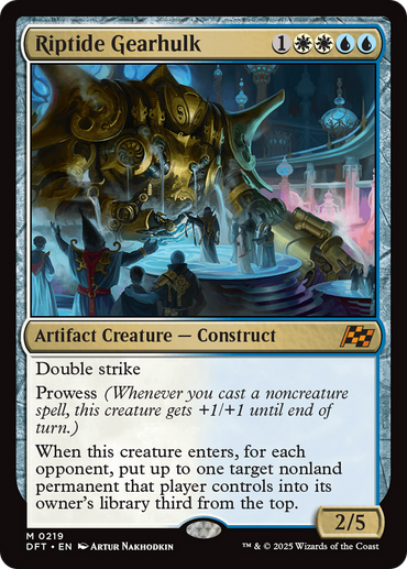 The Magic: The Gathering card "Riptide Gearhulk [Aetherdrift]" features a majestic golden artifact creature in an ornate room, with double strike, prowess, and a unique ability targeting opponent permanents. Its power/toughness is 2/5.