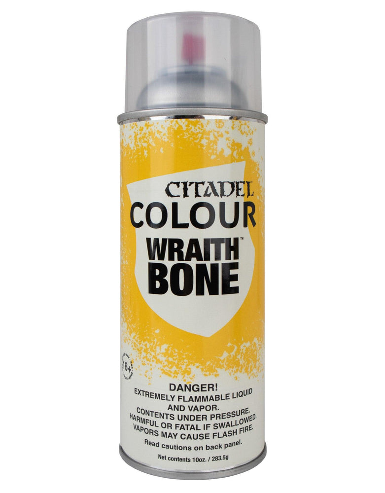 Image of a Games Workshop spray paint can labeled "Citadel Primer - Wraith Bone." The white can with yellow accents and a gray lid is ideal for undercoating your miniatures. Warnings on the front note that the contents are extremely flammable and harmful if swallowed. Net contents: 10oz / 283.5g.