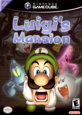 Cover of "Luigi’s Mansion" by Everything Games for Nintendo GameCube shows a shocked Luigi with ghosts in an eerie mansion. GameCube and Nintendo logos are visible. Rated "Everyone".