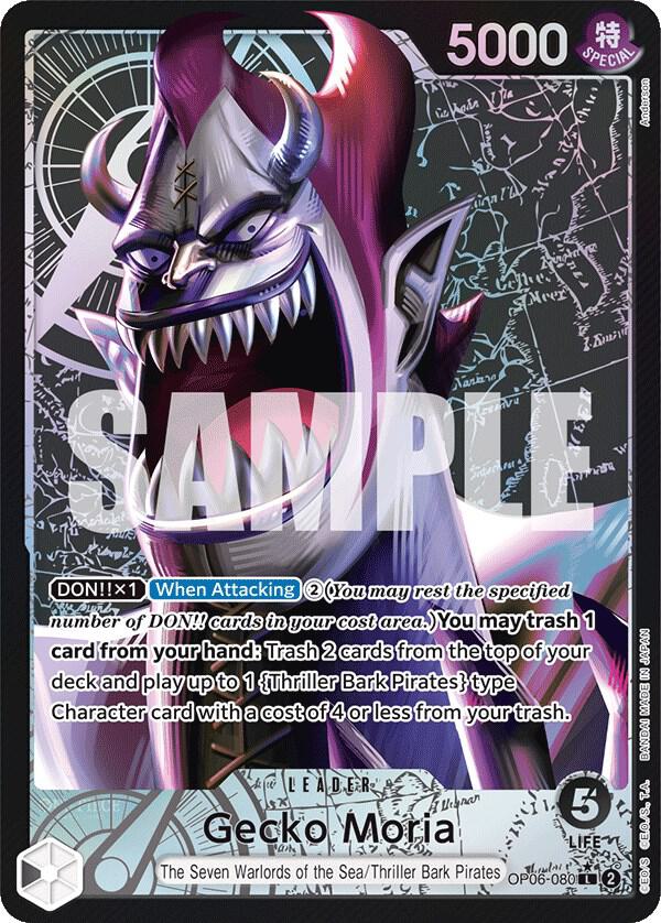 The Gecko Moria (Alternate Art) [Wings of the Captain] by Bandai displays a purple-skinned, red-haired leader with sharp teeth and dons earrings, a striped outfit. Featured against a dark circular backdrop, it showcases abilities for attacking and deck manipulation. Valued at 5000.