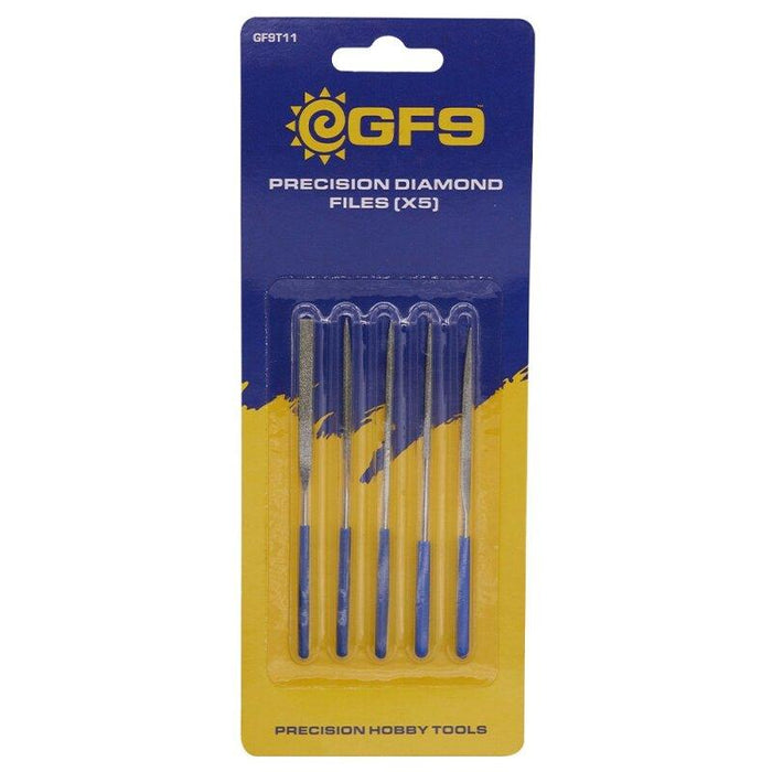 Blister packaging of GaleForce Nine: Precision Diamond Files set, ideal for intricate filing and modelling tasks, containing five metal files with blue handles aligned vertically. The cardboard backing is blue and yellow, featuring the Gale Force Nine logo—a sun with the text "GaleForce Nine: PRECISION DIAMOND FILES (X5)" at the top and "PRECISION HOBBY TOOLS" at the bottom.