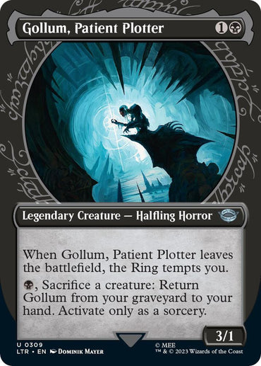 The Magic: The Gathering card "Gollum, Patient Plotter (Showcase Ring Frame)" from The Lord of the Rings: Tales of Middle-Earth set depicts Gollum as a Legendary Creature - Halfling Horror with a power/toughness of 3/1, crouching with a ring among glowing rocks and a swirling vortex.